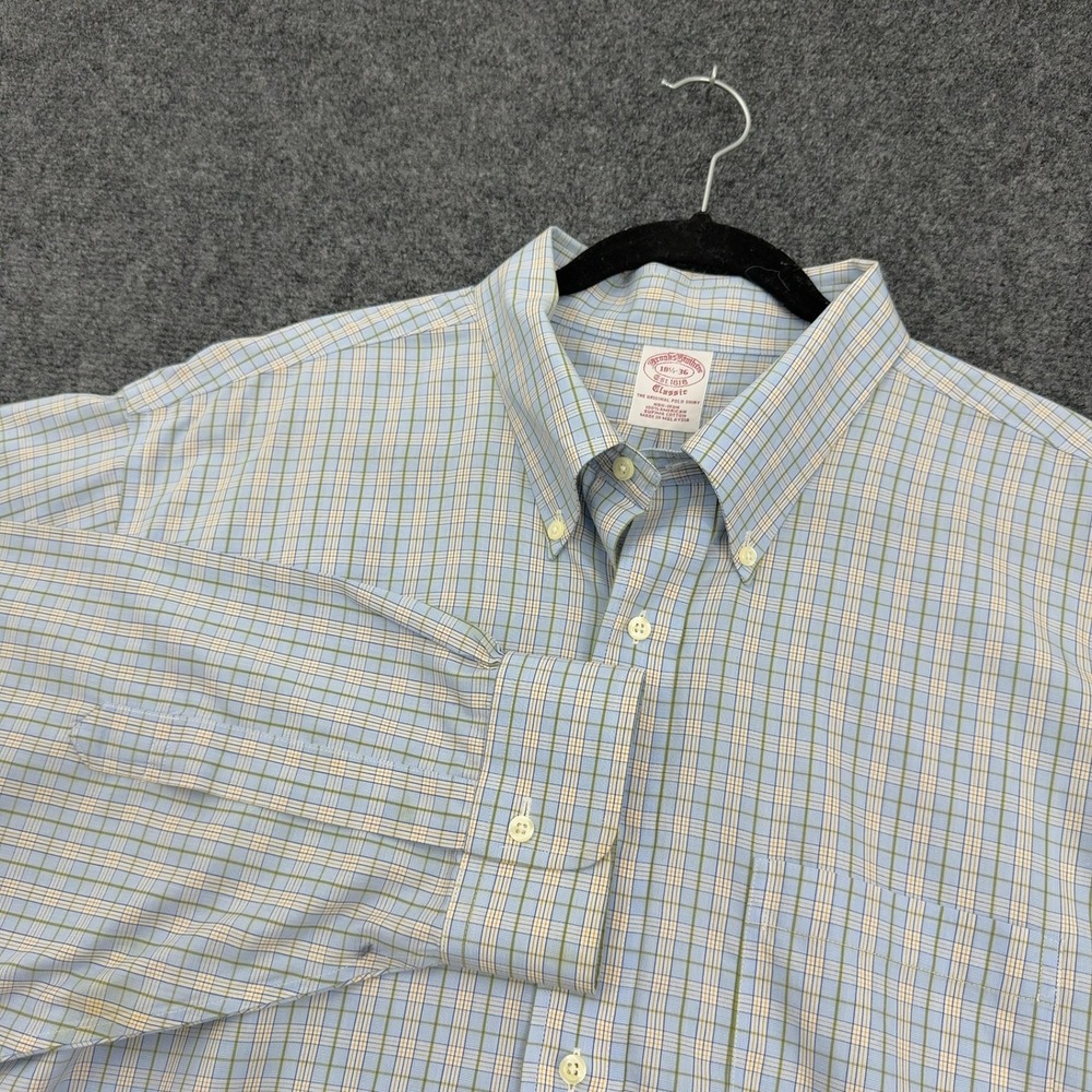 Brooks Brothers Button Down Shirt Mens 18.5 Blue Cotton Plaid Non Iron‎ Preppy